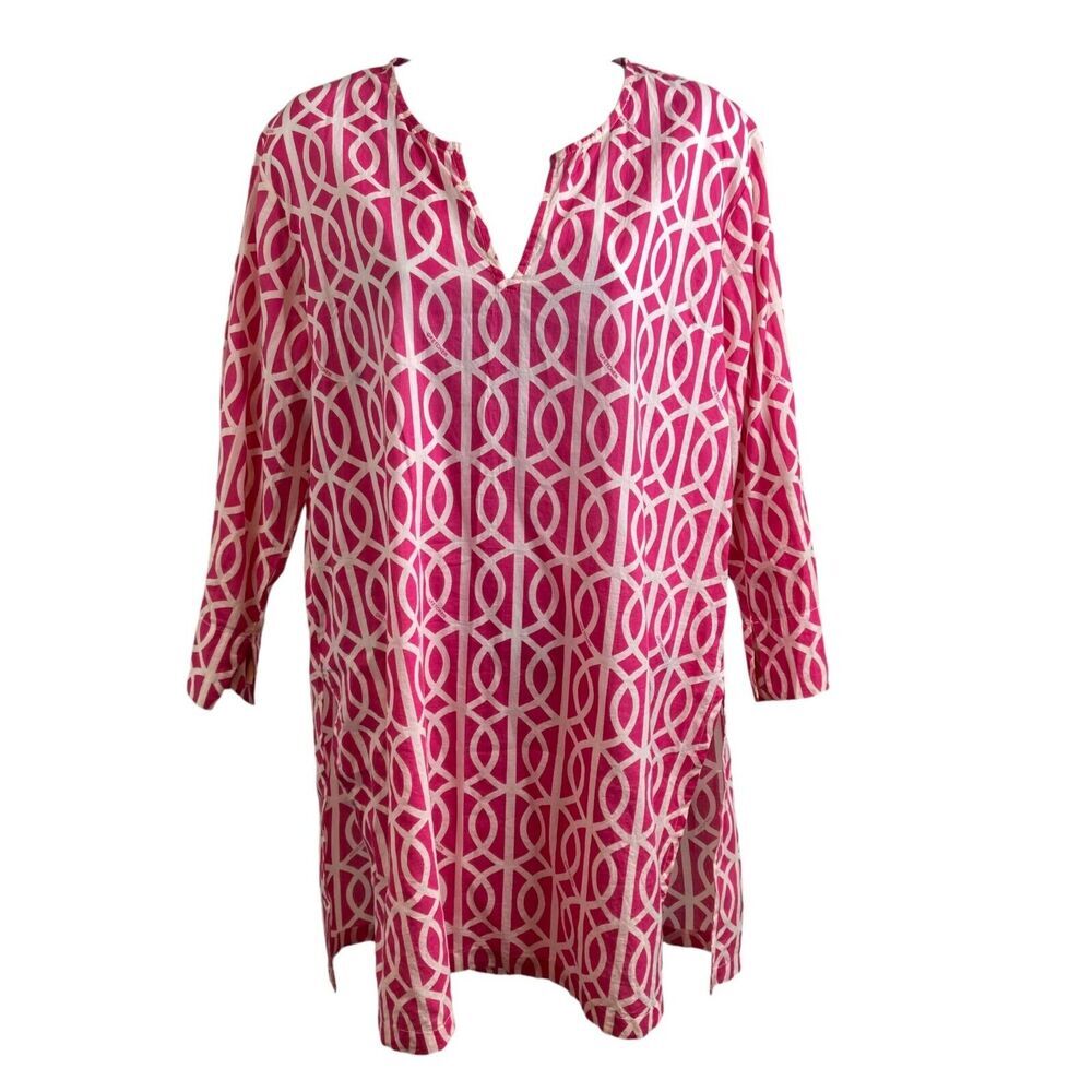 Gretchen Scott Women's Bright Pink White Greek Key Print Cotton Tunic Top Size M